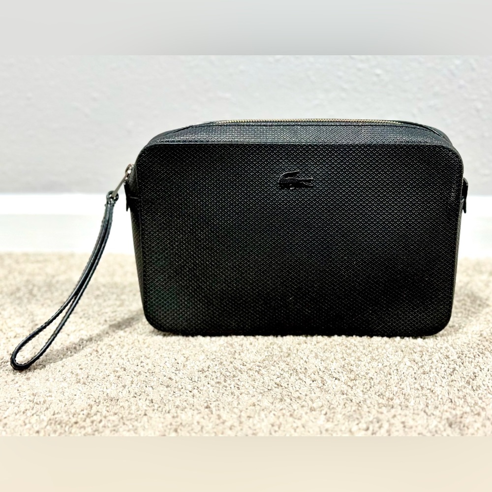 GUC Lacoste Black Mens Zippered Clutch Bag With Strap and Multiple Compartments